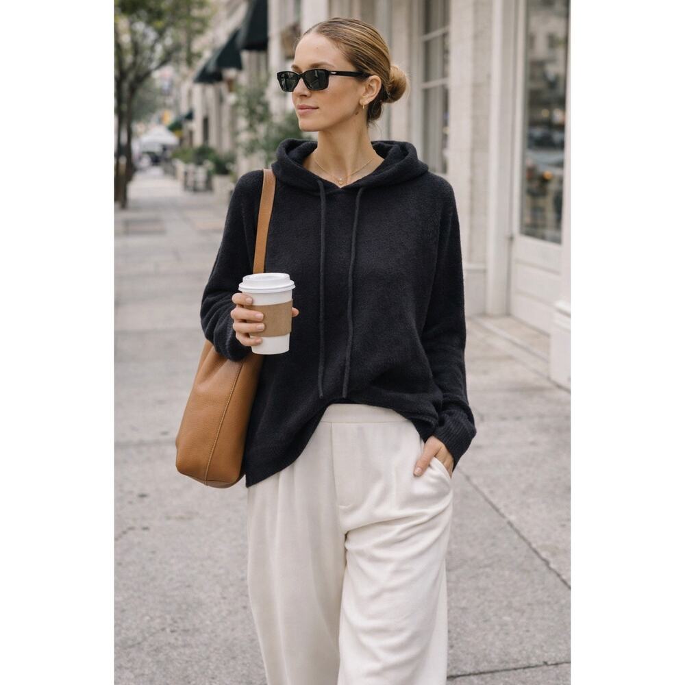 Bloomingdale’s Cashmere Hoodie XS Black 100% 2Ply Knit Sweater Luxury Minimalist
